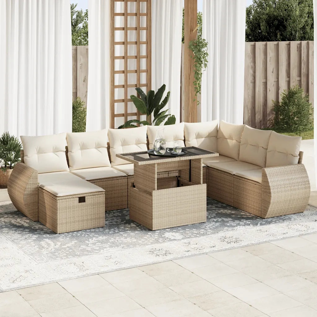 Set Divano da Giardino 9 pz con Cuscini Beige in Polyrattan 3327918