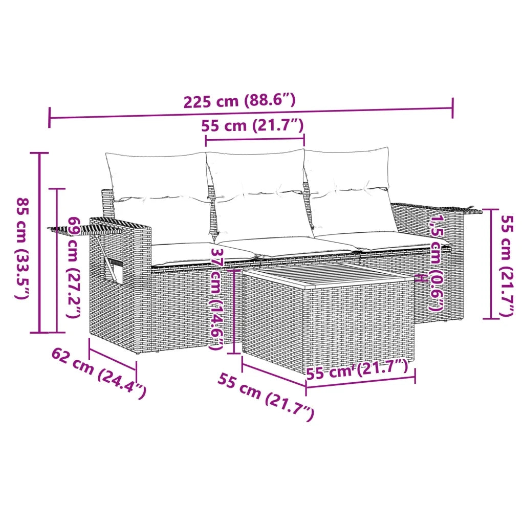 Set Divani da Giardino 4 pz con Cuscini Nero in Polyrattan