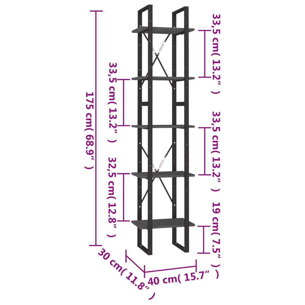 Libreria a 5 Ripiani-Scaffale per Libri-Mobile di Stoccaggio Grigia 40x30x175 cm in Legno di Pino