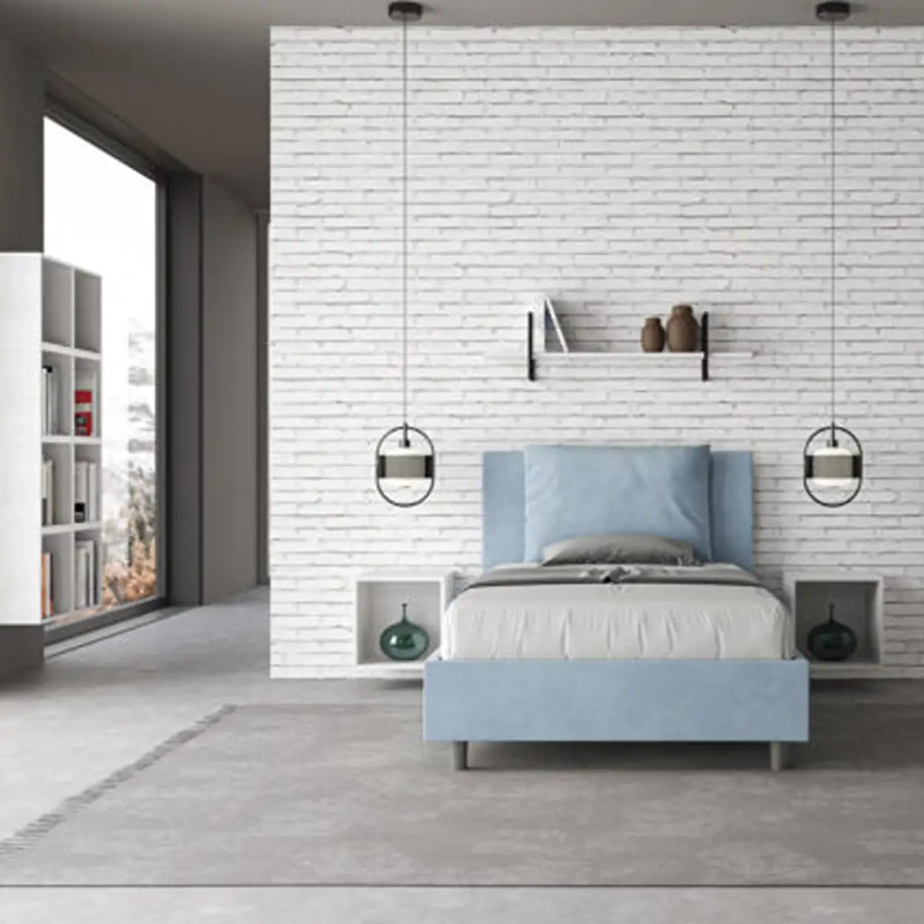 Letto una piazza e mezza senza rete imbottito 120x200 microfibra azzurro Antea