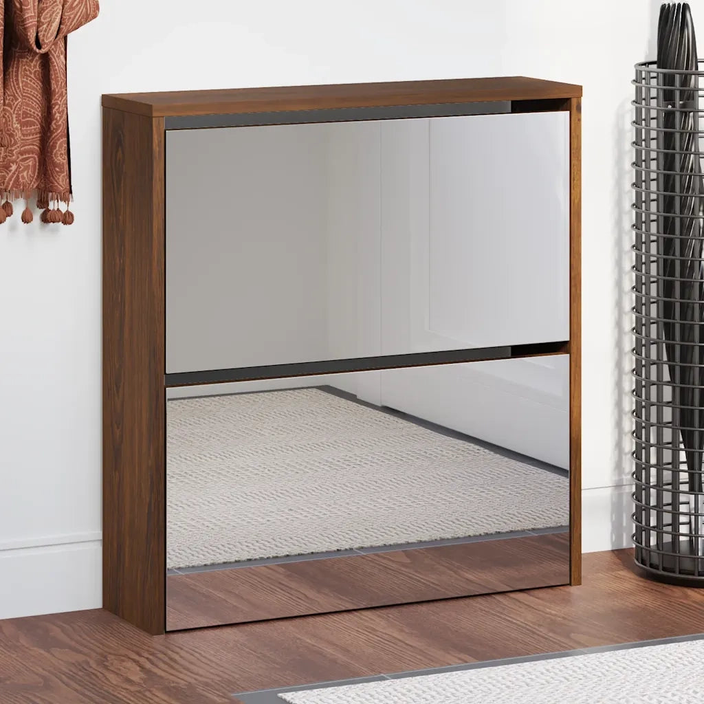 Scarpiera con Specchio a 2 Livelli-Mobile con specchio Rovere marrone 63x17x67 cm
