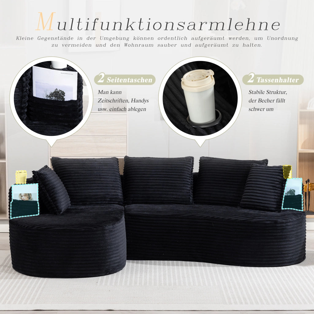 DIVANO Curvo 250x152x82 cm Velluto a coste Nero