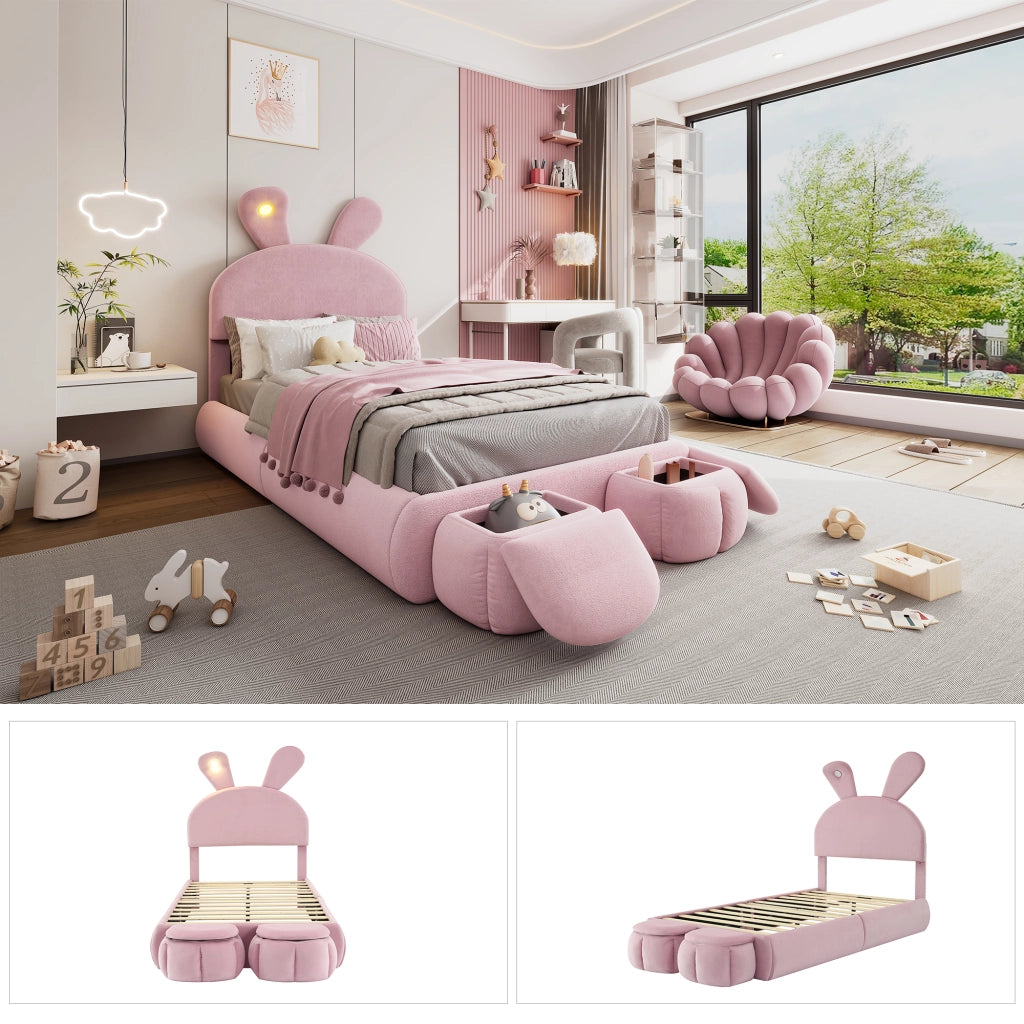 LETTO Singolo 90x200 cm in Velluto Rosa con LED e 2 pouf contenitore
