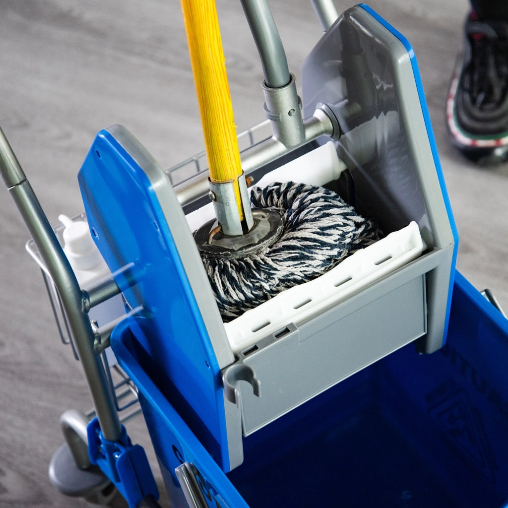 Secchio per Mop 26 L con Sgocciolatoio a Pressione, Ruote e Cestini ¨C Minimal ¨C 73x45x95 cm Blu