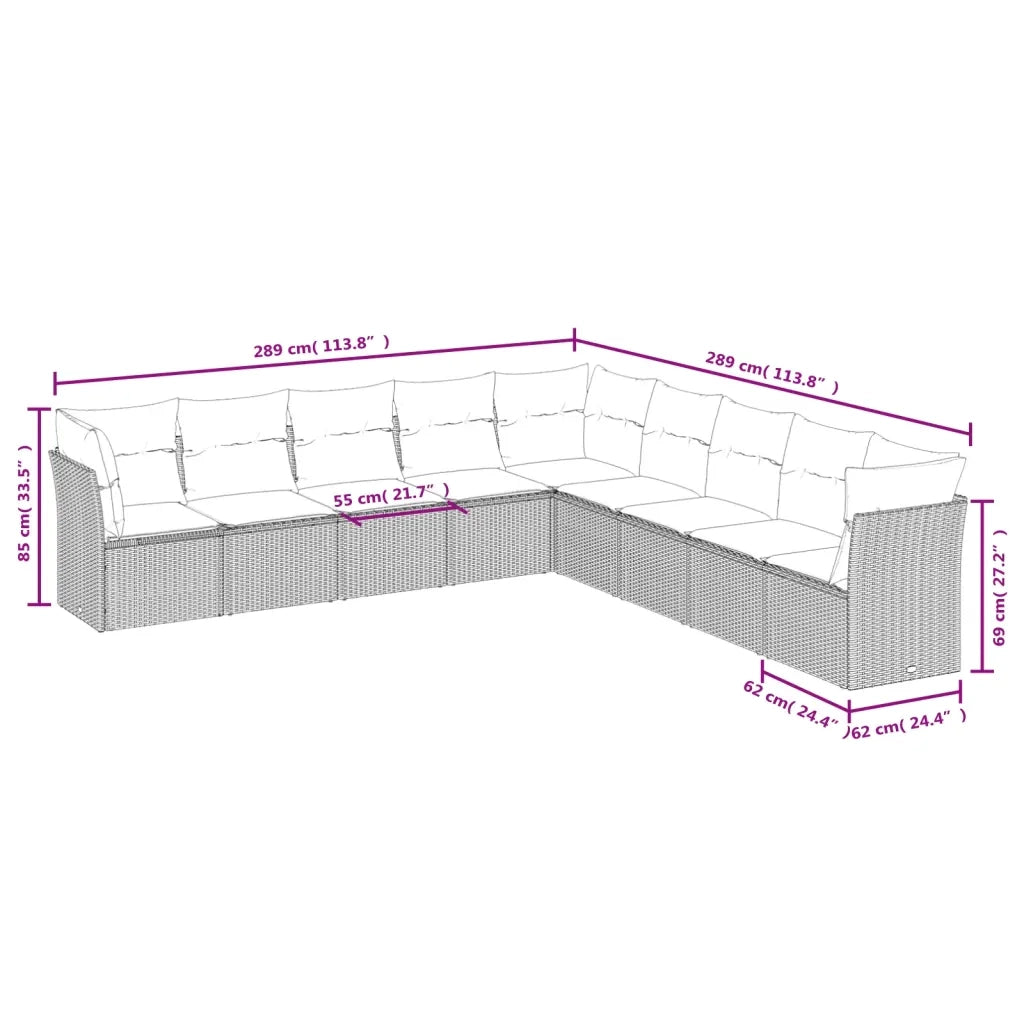 Set Divano da Giardino 9pz con Cuscini Grigio Chiaro Polyrattan 3249621