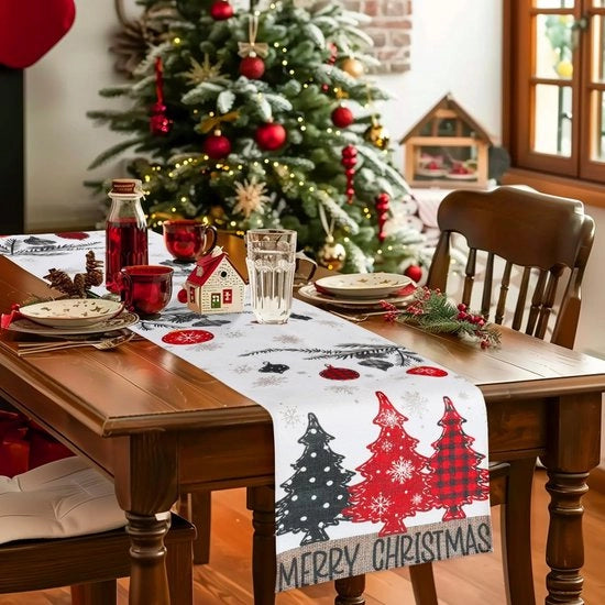 Tavolo di Natale in stile neve con popper decorativo per tavolo rossa (33 x 180 cm)