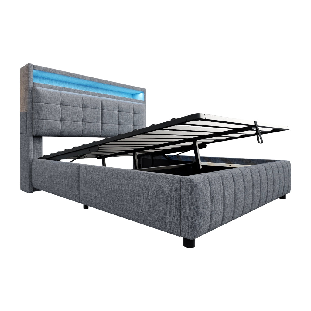 LETTO Imbottito 160x200 cm Grigio in lino con LED, USB e contenitore