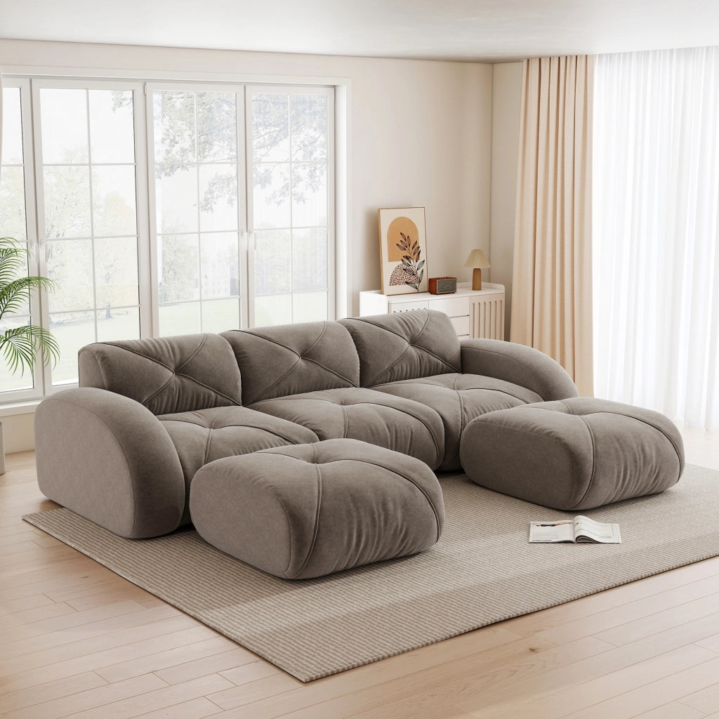 Sof¨¤ modulare a forma di U - Zephmum- 3 posti con 2 pouf, tessuto comodo, antiscivolo, marrone