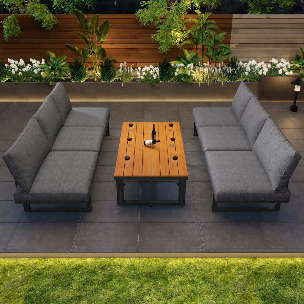 OKWISH Set 3 pezzi 2 Divanetti e 1 Tavolo da Giardino, con Cuscini e Piani Regolabili, Ferro Grigio