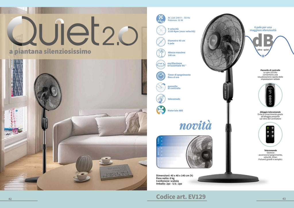 CFG QUIET 2.0 Ventilatore a Piantana EV129 40cm Silenzioso 32W, 9 Velocità, 3 Modalità, 6 Pale, Telecomando, Timer 8 Ore, Oscillazione 90°, Altezza 140 cm Regolabile, Ventilatore Silenzioso da Casa e Ufficio