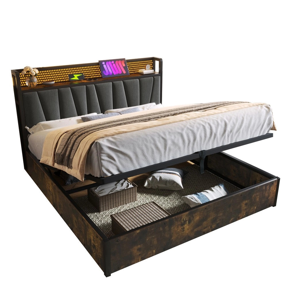 Letto Matrimoniale Imbottito con LED e USB ¨C MINIMAL ¨C Metallo Grigio 180x200