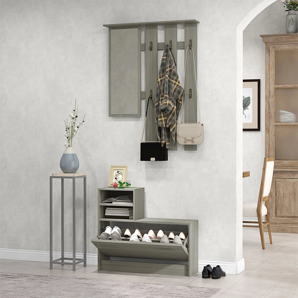 Set Ingresso con Appendiabiti, Specchio, Panca e Scarpiera ¨C zephmum ¨C Grigio, Legno, 8 Paia