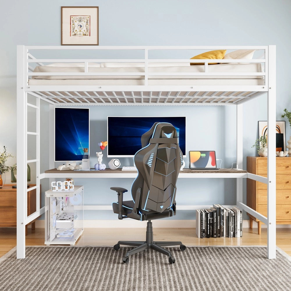 Letto a Soppalco con LED, USB e Luce App ¨C MINIMAL ¨C Metallo Bianco 90x200