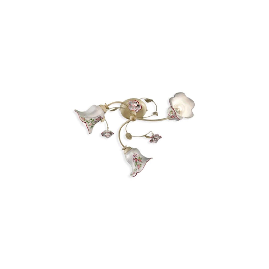 Plafoniera Classica Pisa Metallo E Ceramica Bianco Sfumato Oro 3 Luci E14