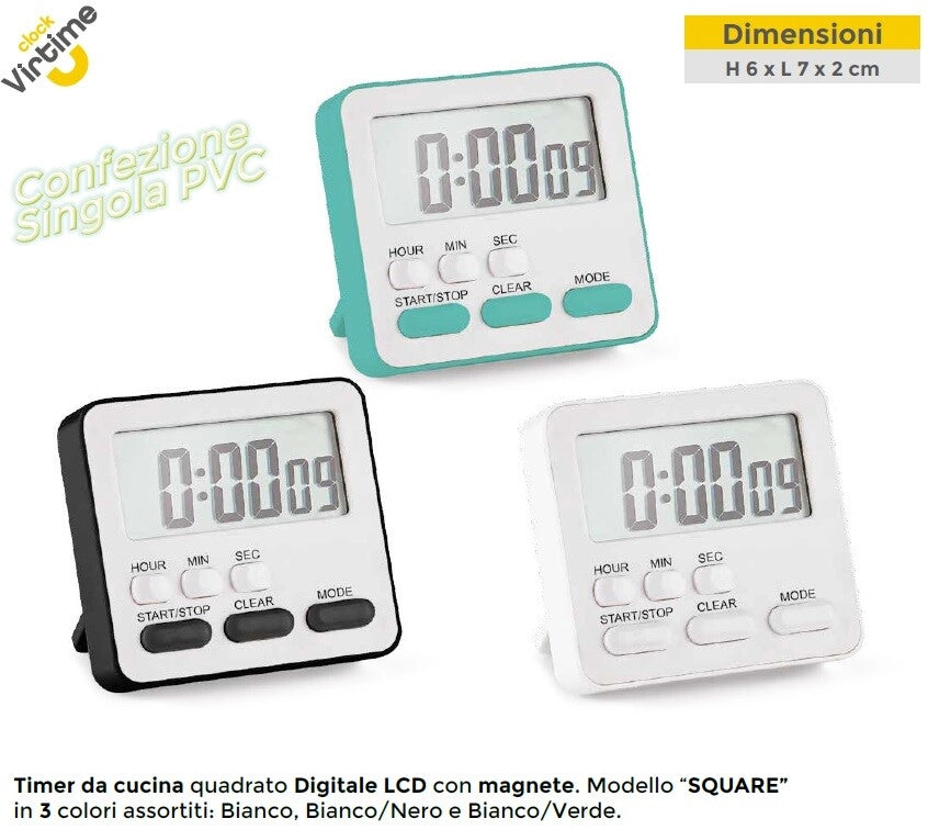 Timer da Cucina Digitale Square Magnetico Display LCD 3 Colori Virtime