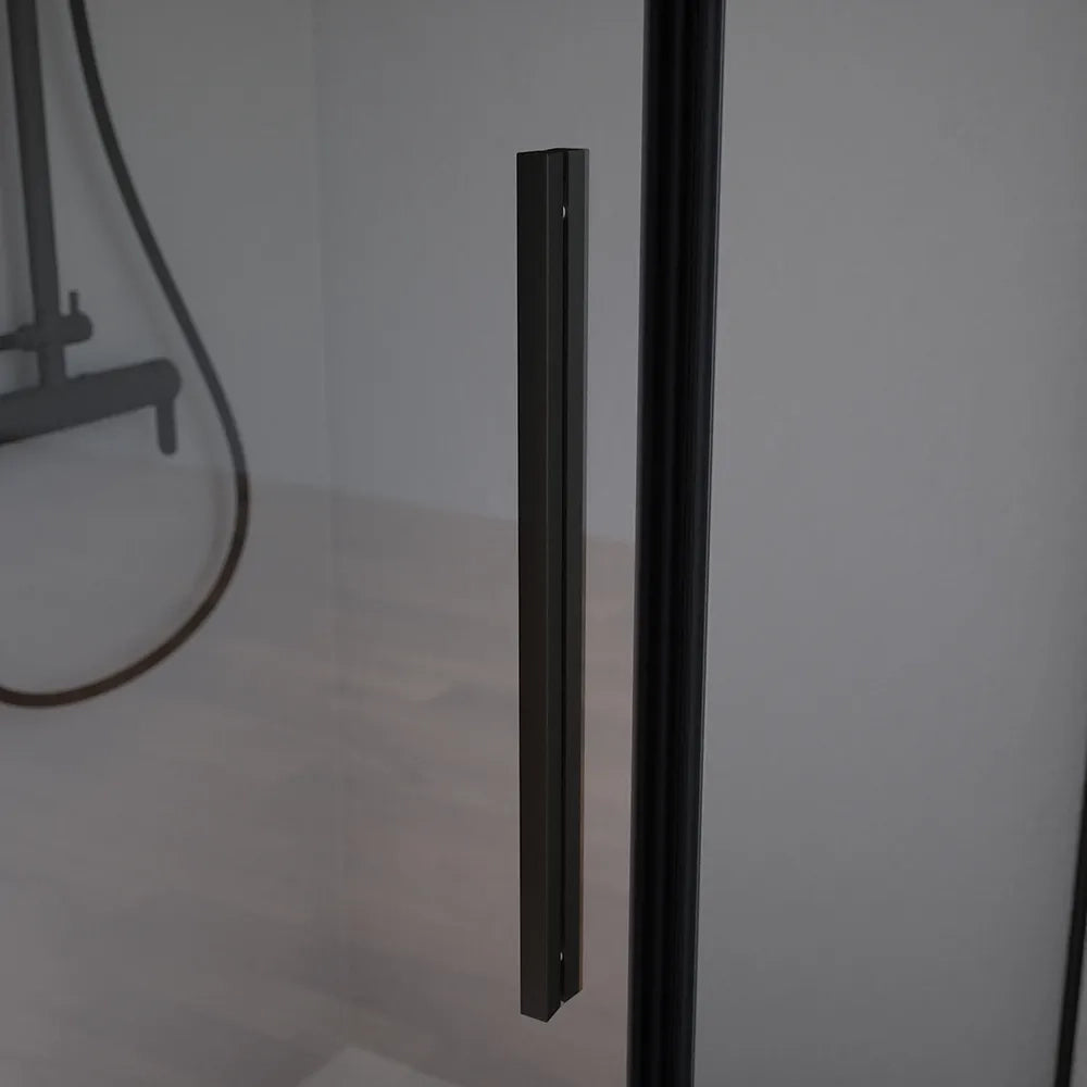 Box doccia 70x80cm con apertura a battente e parete fissa, profili nero opaco e vetro da 6mm trasparente h195 | Elba