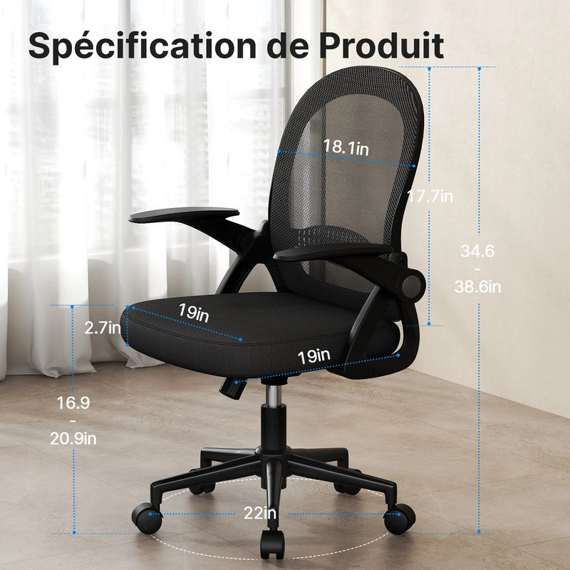 Sedia da ufficio-Sedia da ufficio in  con braccioli-Sedia ergonomica in rete traspirante-Altezza regolabile-Home Office-Nero
