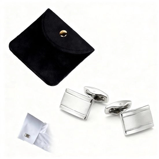 Manopole per Cravatta Uomo - Forma Quadrata - Argento - Finitura Opaca - Acciaio Inox Duraturo - Stile per Matrimonio - Incluso Cassetto di Pelle per Custodia - Manopole per Cravatta