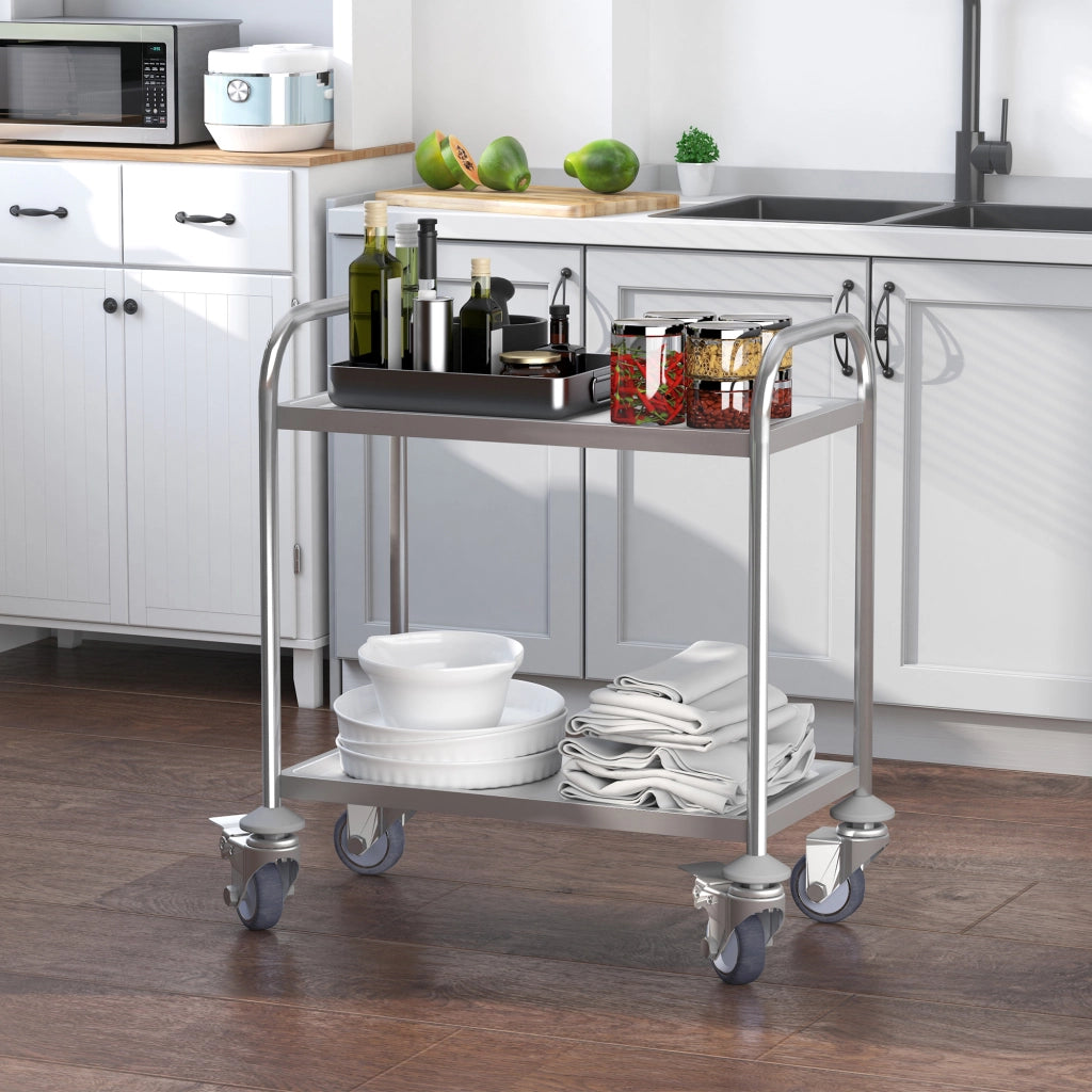 Carrello Cucina 2 Ripiani con Ruote ¨C Xylo ¨C Acciaio Inox 80x45x82cm Argento