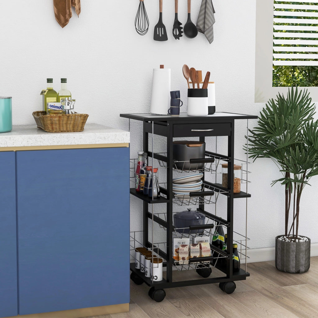 Carrello da Cucina con Cassetto ¨C Xylo ¨C 4 Cesti Estraibili, Piano Ceramica, 57x37x83cm Nero