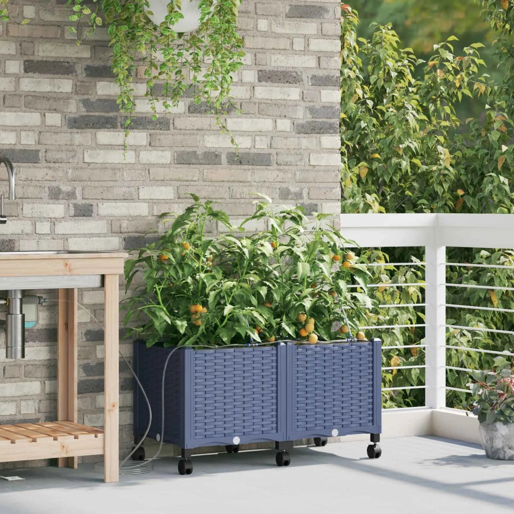 Vaso da Giardino con Irrigazione e Ruote 2 pz Grigio PP 3422996