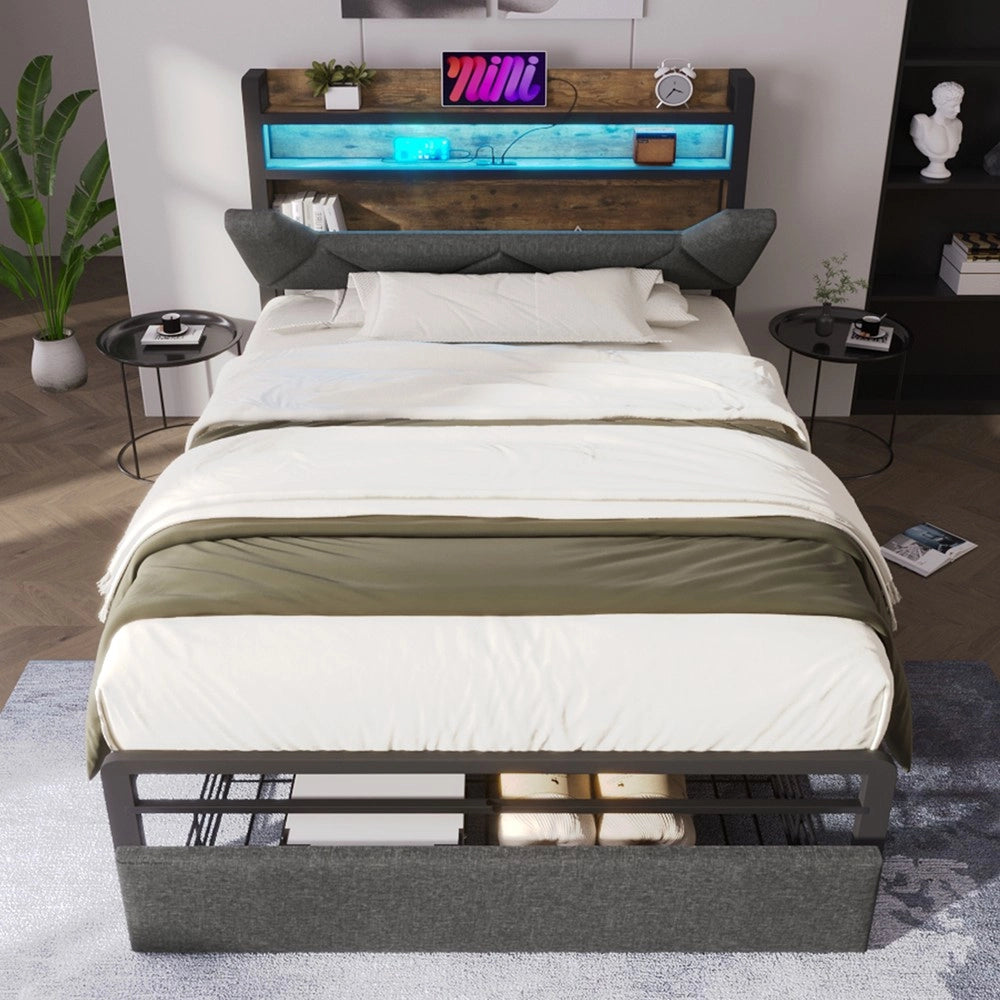 Letto Singolo Imbottito con Contenitore, LED e Cassetti ¨C MINIMAL ¨C Grigio 90x200