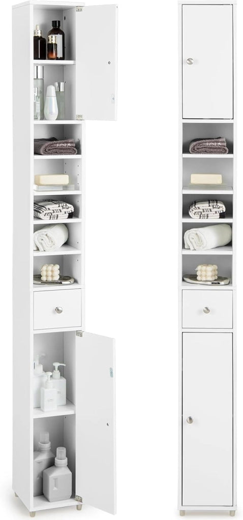 Armadio da Terra Alto, Mobile Colonna Bagno con 2 Ante 1 Cassetto e 5 Ripiani Regolabili, Mobile Bagno Salvaspazio per Bagno Soggiorno Camera da Letto, 20x20x180cm (Bianco)