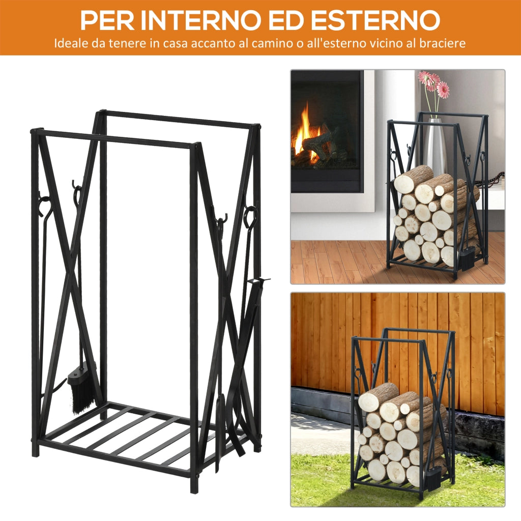 EasyComfort Portalegna da Interno ed Esterno in Acciaio con 4 Attrezzi Inclusi, Capacità 100kg 46x30x76cm Nero