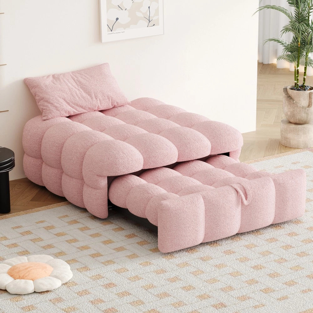 Letto Singolo Imbottito con Pouf ¨C MINIMAL ¨C Tessuto Teddy Rosa