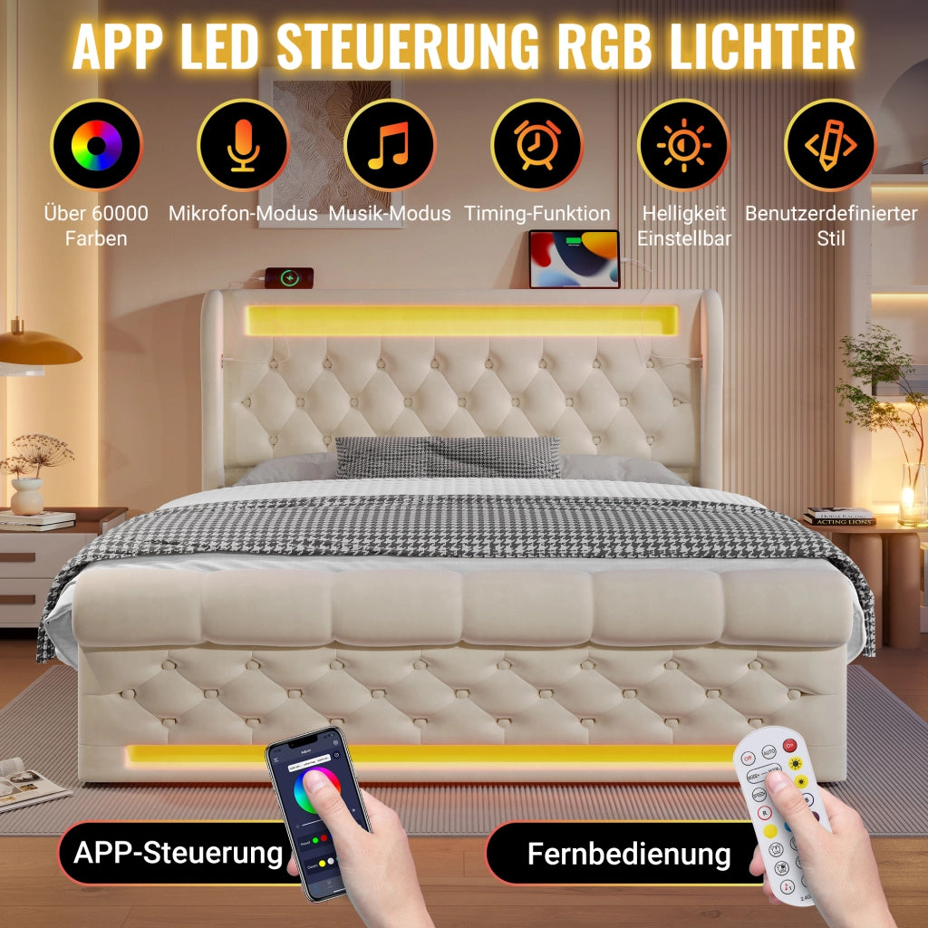 LETTO contenitore 140x190 cm in velluto beige con LED, USB e Type-C