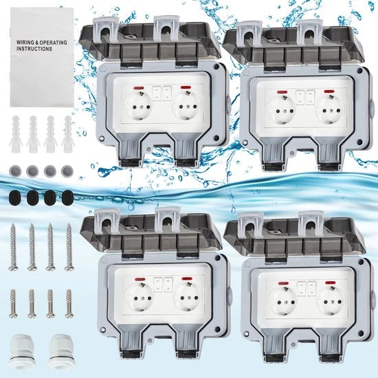 Contatto esterno 4X doppio - Contatto esterno IP66 - Contatto esterno impermeabile - Contatto esterno per esterni - Contenitore di contatto per parete - Incluso: connettori di cavo - e impermeabile alla polvere
