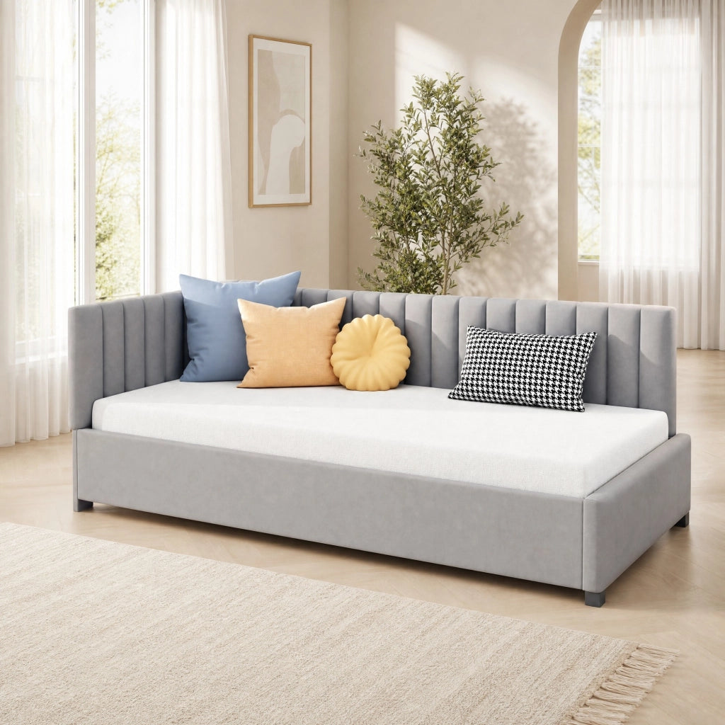 LETTO imbottito 90x200 cm in velluto grigio con rete a doghe