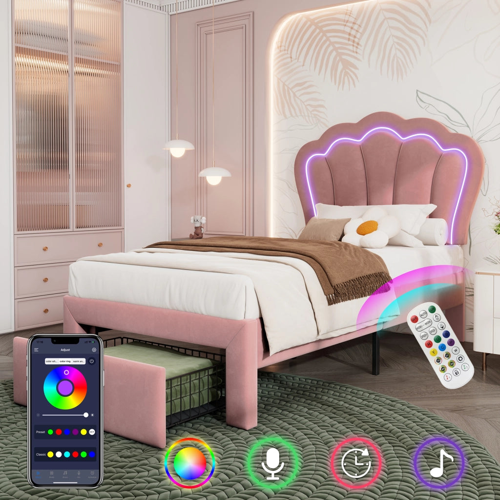 Letto Singolo Imbottito con Cassetti e LED ¨C MINIMAL ¨C Velluto Rosa 90x200