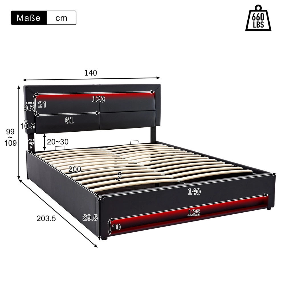 Letto Imbottito con LED e Contenitore ¨C MINIMAL ¨C 140x200, USB, Similpelle Nera