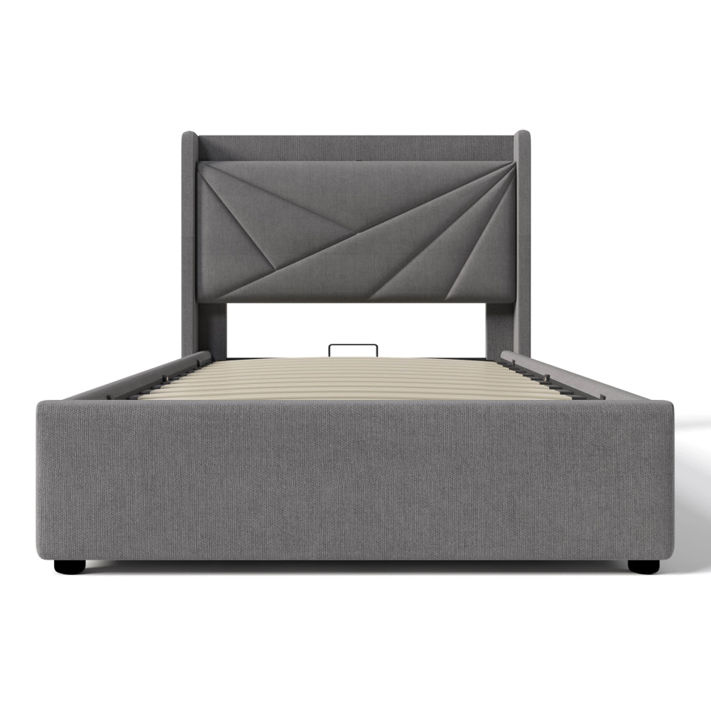 LETTO Contenitore 90x200 cm Grigio in cotone e lino con USB e Type-C