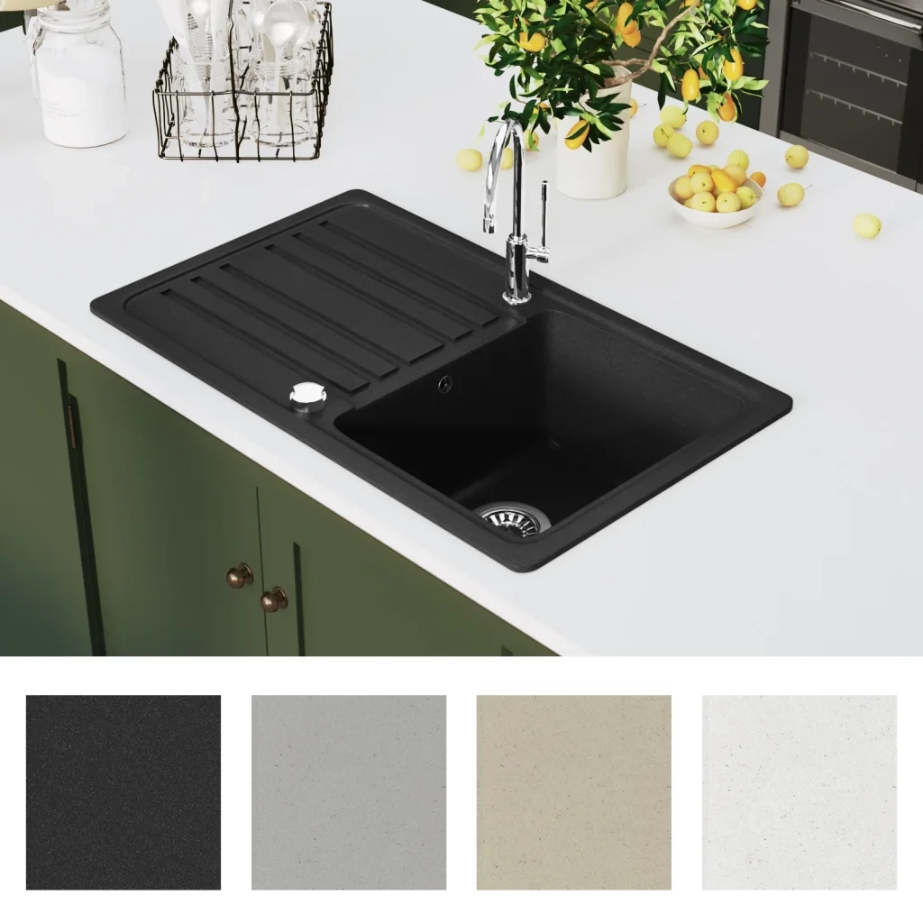 Lavandino Cucina-Lavabo-Lavello Granito Singolo Scolapiatti Reversibile Nero