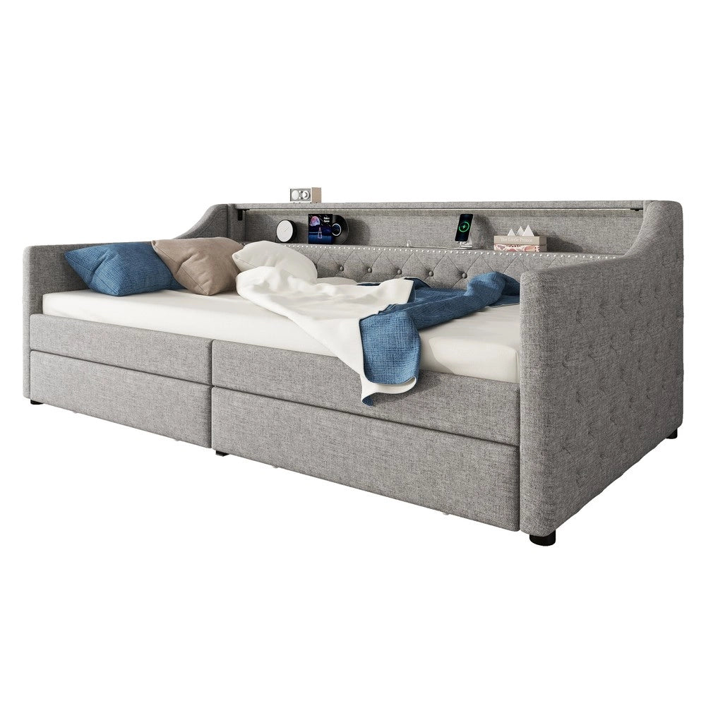 Letto Singolo Divano con Doghe e Cassetti ¨C MINIMAL ¨C Grigio, LED, 90x200