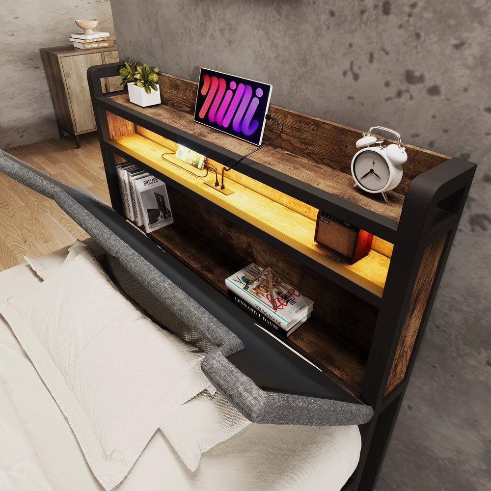 Letto Singolo Imbottito con Contenitore, LED e Cassetti ¨C MINIMAL ¨C Grigio 90x200