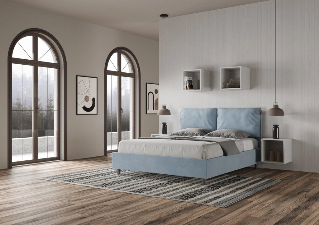 BS COM Letto matrimoniale senza rete imbottito 160x200 microfibra azzurro
