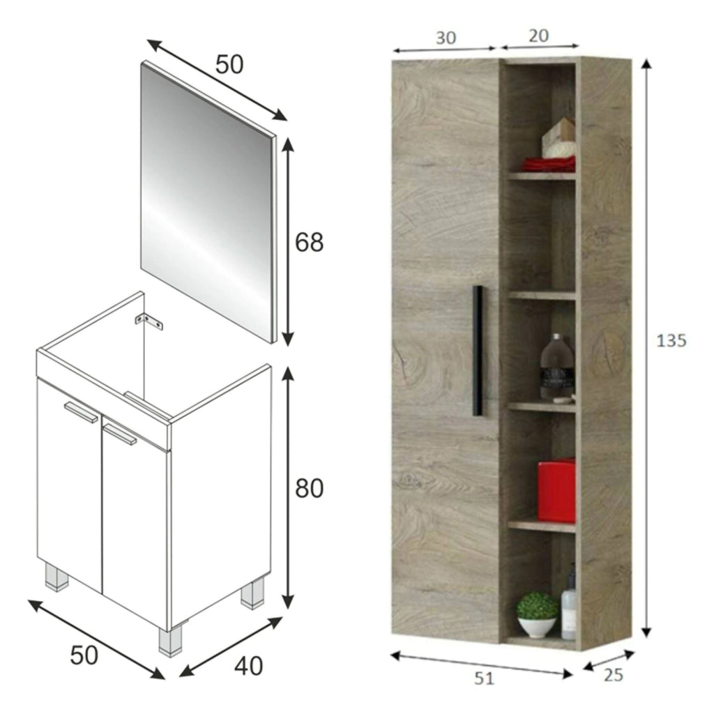 Sorico, set Mobili Bagno Specchio Incluso, Marrone Rovere