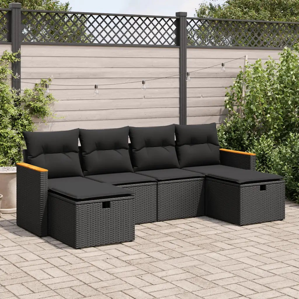 Set Divano da Giardino 6 pz con Cuscini Nero in Polyrattan 3325940