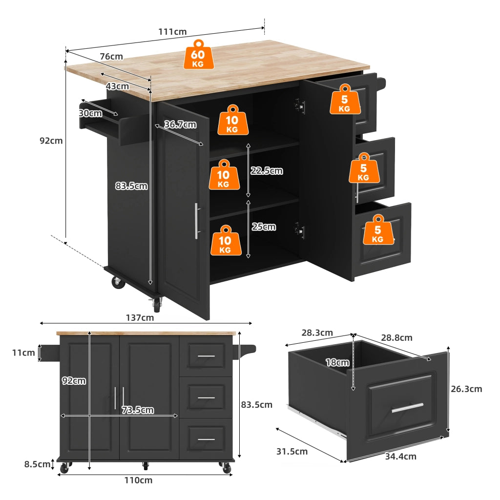 CREDENZA DA CUCINA PIEGHEVOLE 137x43(76)x92 CM NERA IN MDF