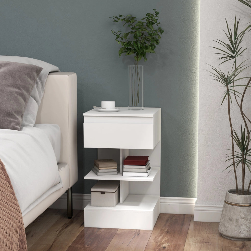 Comodino Moderno in MDF con Cassetto e Ripiani ¨C Zephmum ¨C Bianco 39x39x65