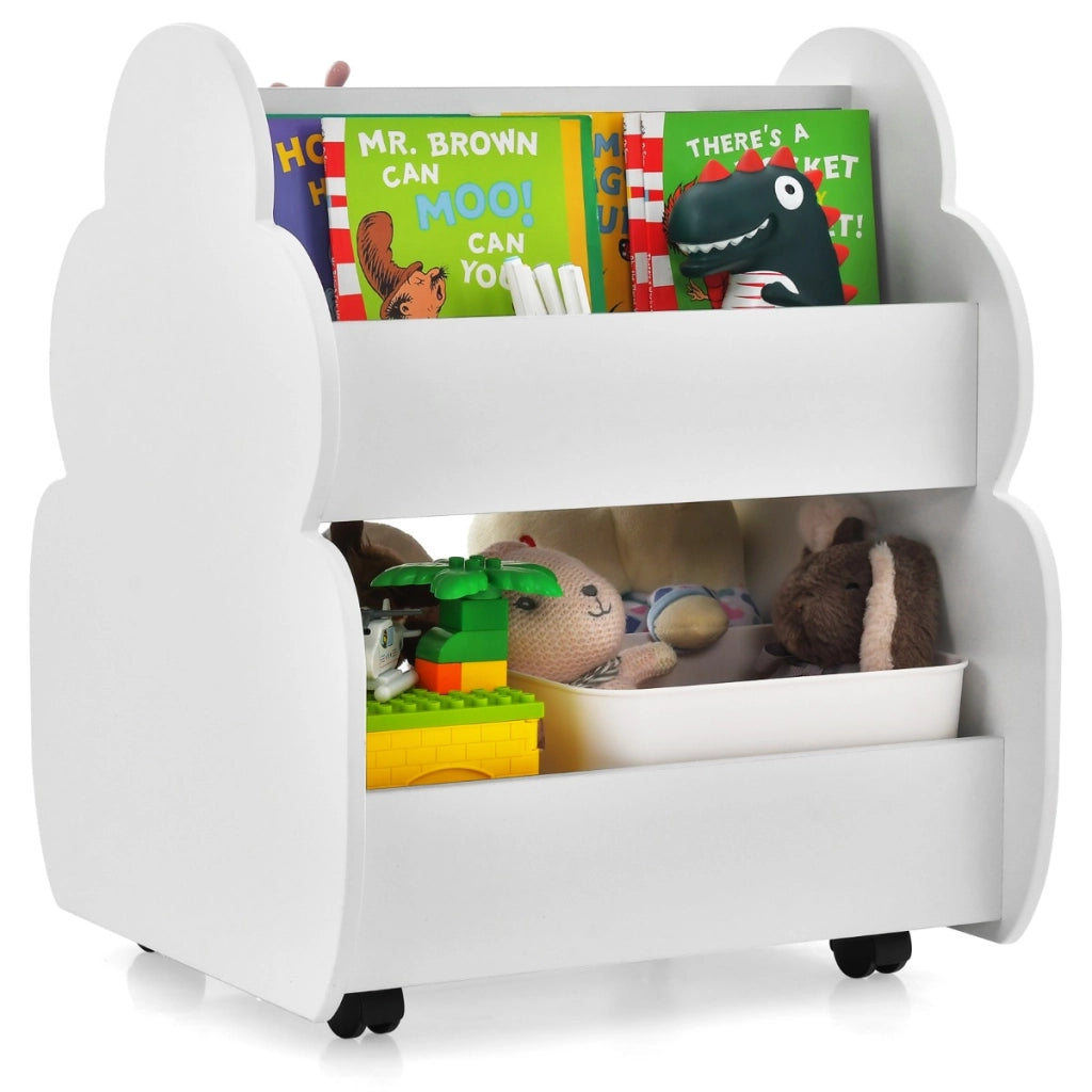 Libreria per bambini a 2 livelli con ruote aspetto adorabile e angoli arrotondati, Libreria bimbi spaziosa Bianco