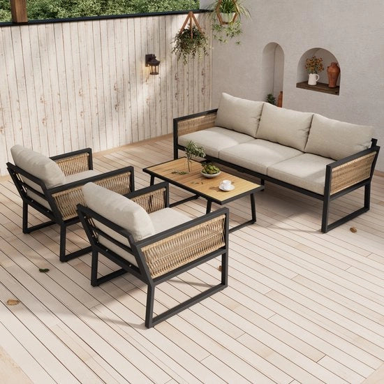 Set di mobili da giardino - Plastica - 4 pezzi - Intrecciato - Cassetto in alluminio