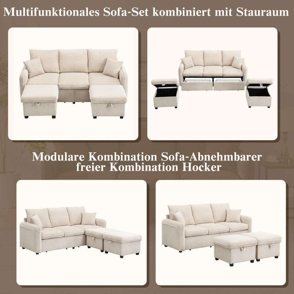 DIVANO 3 posti modulare con 2 pouf contenitore, tessuto corda beige