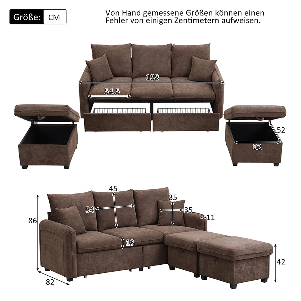 Divano angolare - Xylo - 3 posti modulare cassetti+pouf chenille