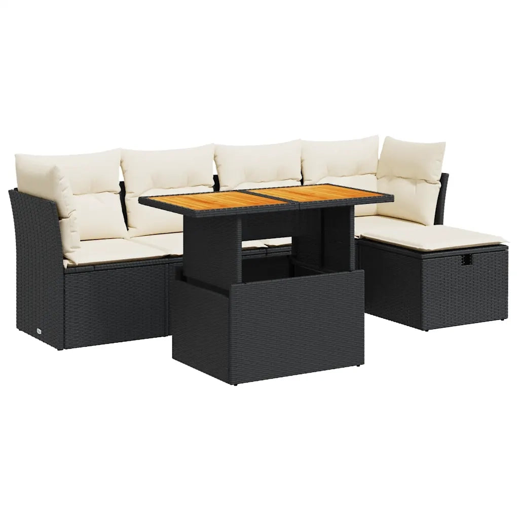 Set Divano da Giardino 6 pz con Cuscini Nero Polyrattan Acacia 3327966