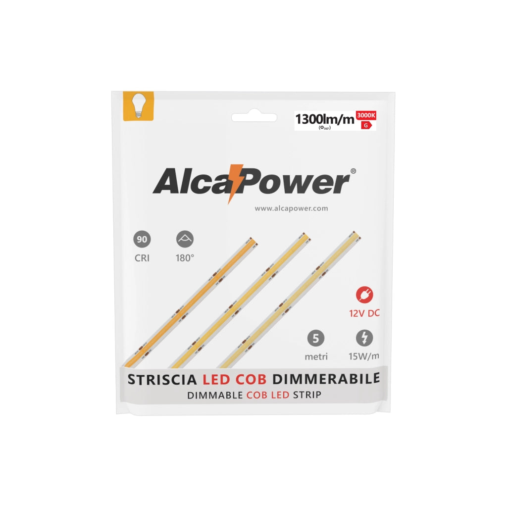 Striscia led 5m COB IP65 monocolore da 15W/MT 12V - 3000K