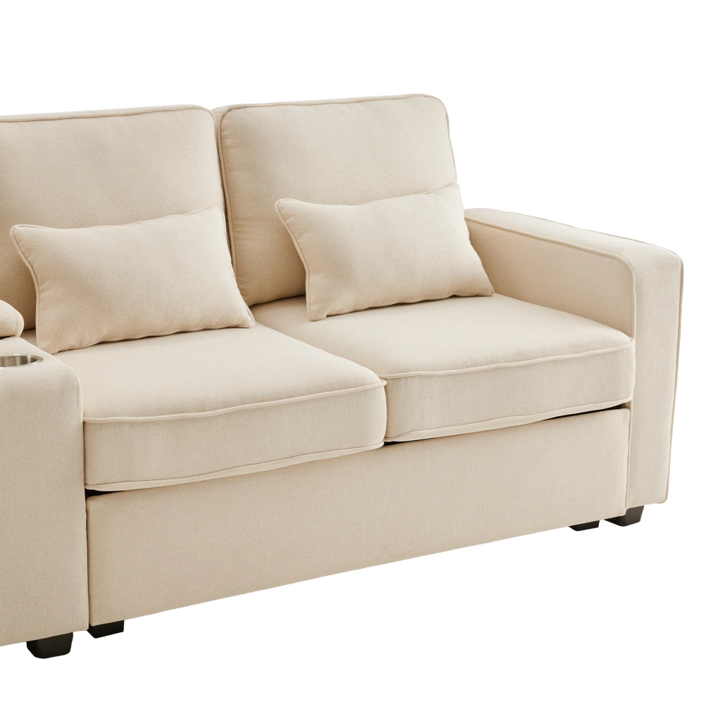 Sofa moderno 4 posti - Zephmum- Tessuto lino con console, porta bevande, USB, tasche braccioli